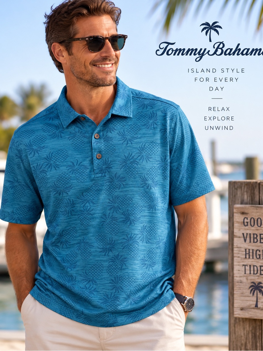 Tommy Bahama Men’s Blue Pineapple Print Short Sleeve Performance Polo Shirt